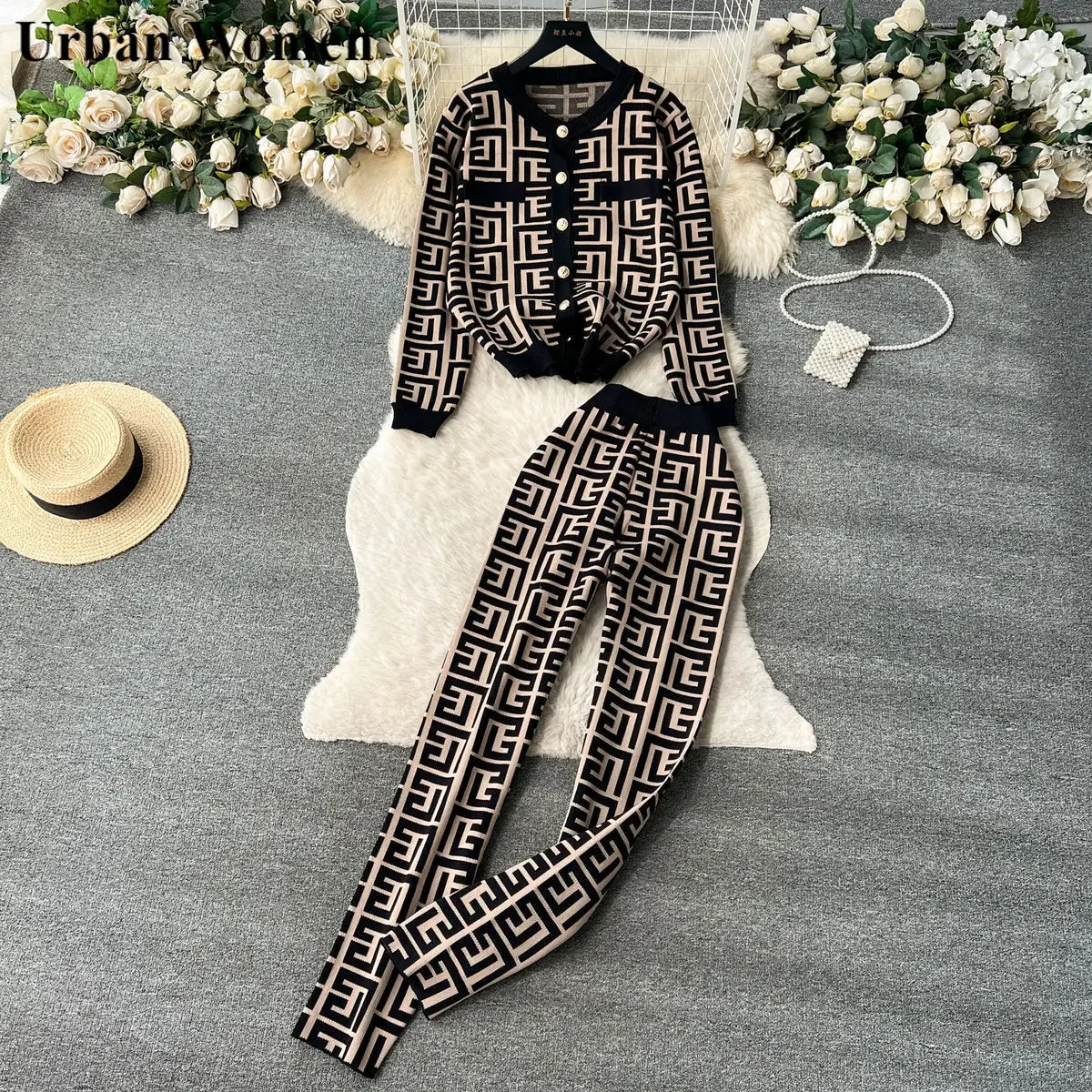 

Winter Fashion Knitting Two Piece Set Women Elegant French OL Button Knitting Shirt Wide Leg Pants Two Piece Set Women