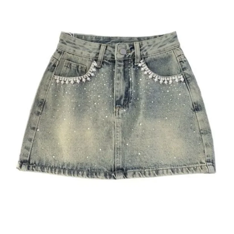 

Sexy Beaded Denim Skirt 2025 Summer New High Waist Anti-light A-word Hip Mini Skirt