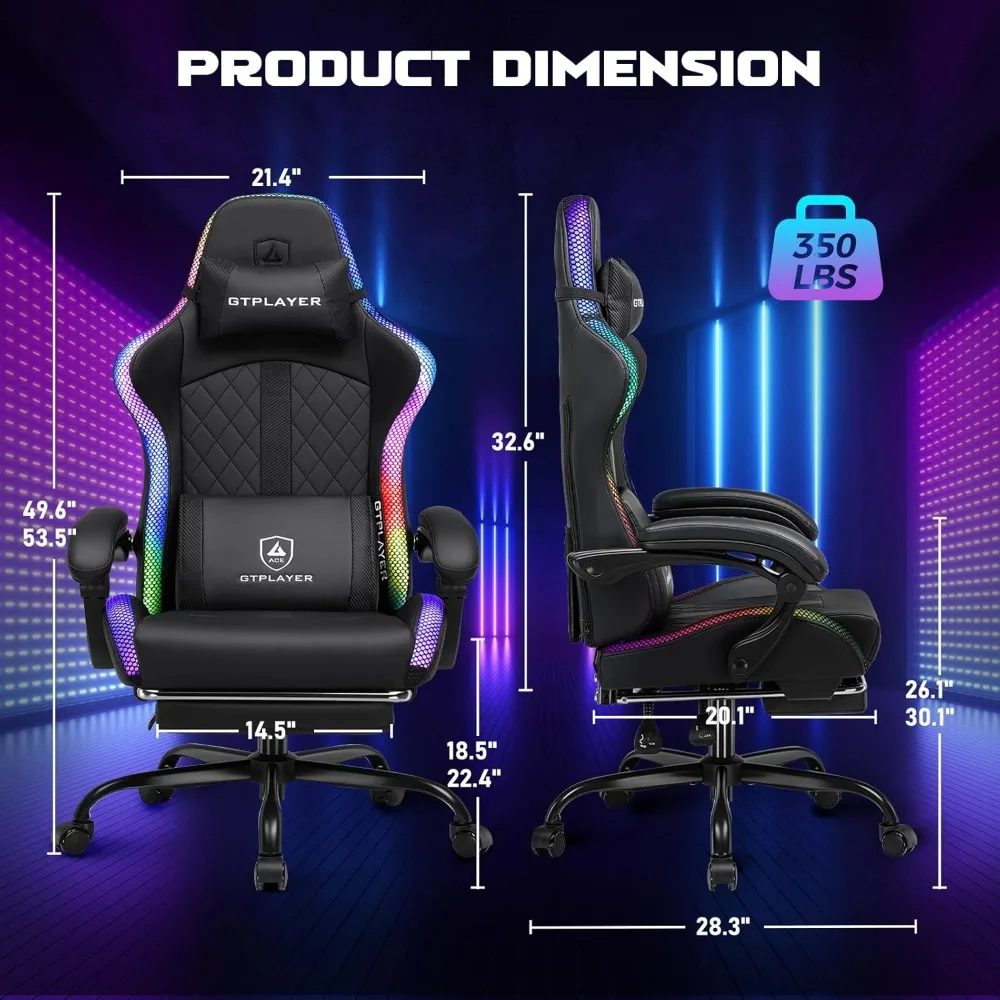 GTPLAYER RGB Gaming Chair, Computer Gamer Chair with Footrest and LED Lights, PC Gamer Chairs for Adults, High Back Reclining Of