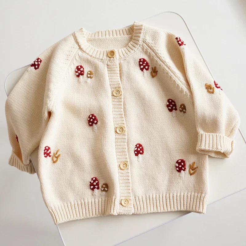 Baby Sweater Boys Girl Sweaters Cardigans Embroidery Mushroom Autumn Toddler Long Sleeves Knitwear Jackets Kid Knit Clothes Tops