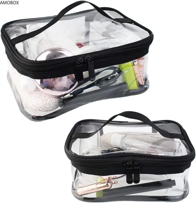 AMOBOX-Portable Clear Makeup Bag with Zipper, Waterproof Cosmetics Bag, Carry Pouch, with Handle for Vacation,Bathroom