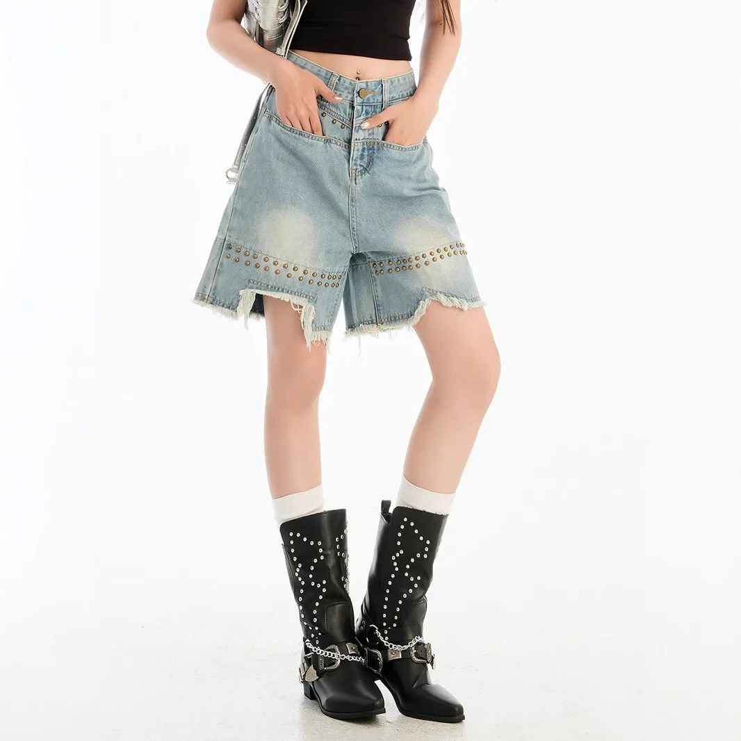 バッドガールデニムバミューダショーツ 2025 夏 ハイウエスト ノンチャフィングショーツ、アメリカンヴィンテージ スタッズ付き カットオフミッドサイ タイトガールシック
