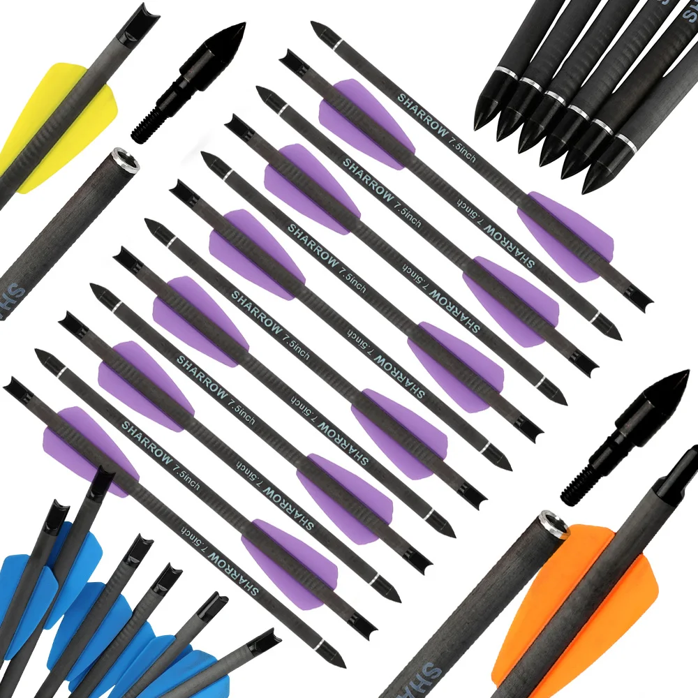 

7.5"/15" Crossbow Arrow Archery ID6.2mm OD7.4mm Pure Carbon Shaft Bow Shooting Hunting Crossbow Bolts 100Gr Arrow Tips 6/12pc