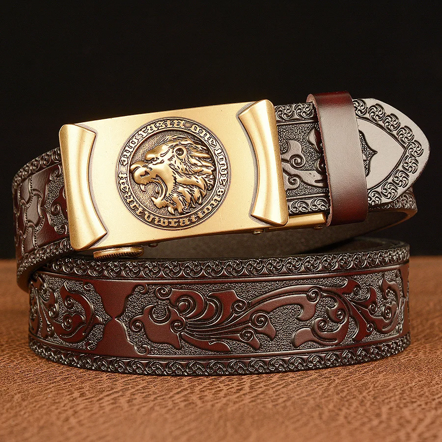 

Fashionable Tang grass pattern belt for men with domineering lion head automatic buckle belt, cowhide casual jeans belt