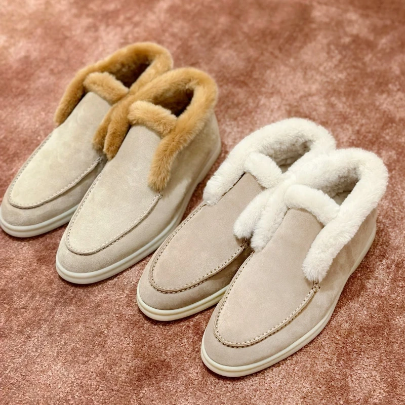 أحذية النساء الكاحل فراء الأحذية أزياء النساء أحذية جلدية بدون كعب شقة 2025 أحذية الشتاء عالية الجودة مريحة الصوف الثلوج