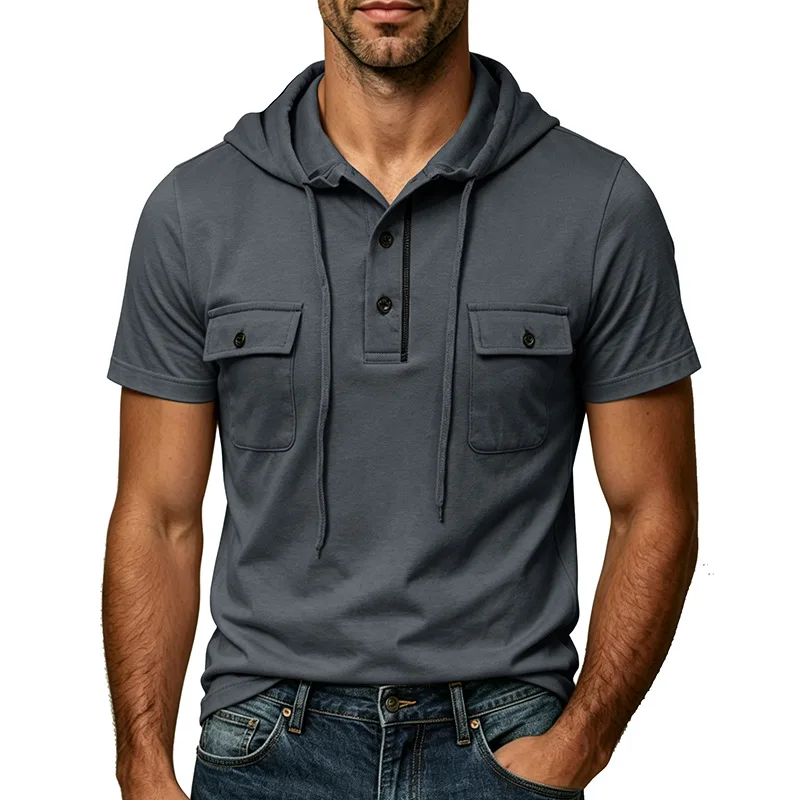 Double Pocket Drawstring Hooded Short Sleeve Henley T-Shirt Men's Outdoor Casual