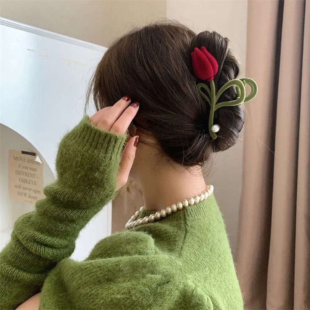 

Clip French Girls Hairpin Green Female Hair Accessories Flocking Tulip Hair Clip Red Velvet Hair Claw Korean Style Headwear