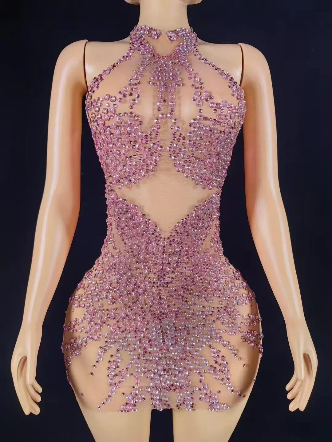 Vestido Sexy brillante con diamantes de imitación, vestido de malla transparente para fiesta de noche, fiesta, celebración de cumpleaños, cantante, bailarina, sesión de fotos, ropa de escenario