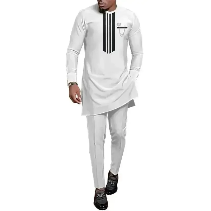 2024 M-4XL African Clothes for Men Autumn Fashion Dashiki Long Sleeve O-neck White Yellow Plus Size 2 PCS Top Pant Matching Sets