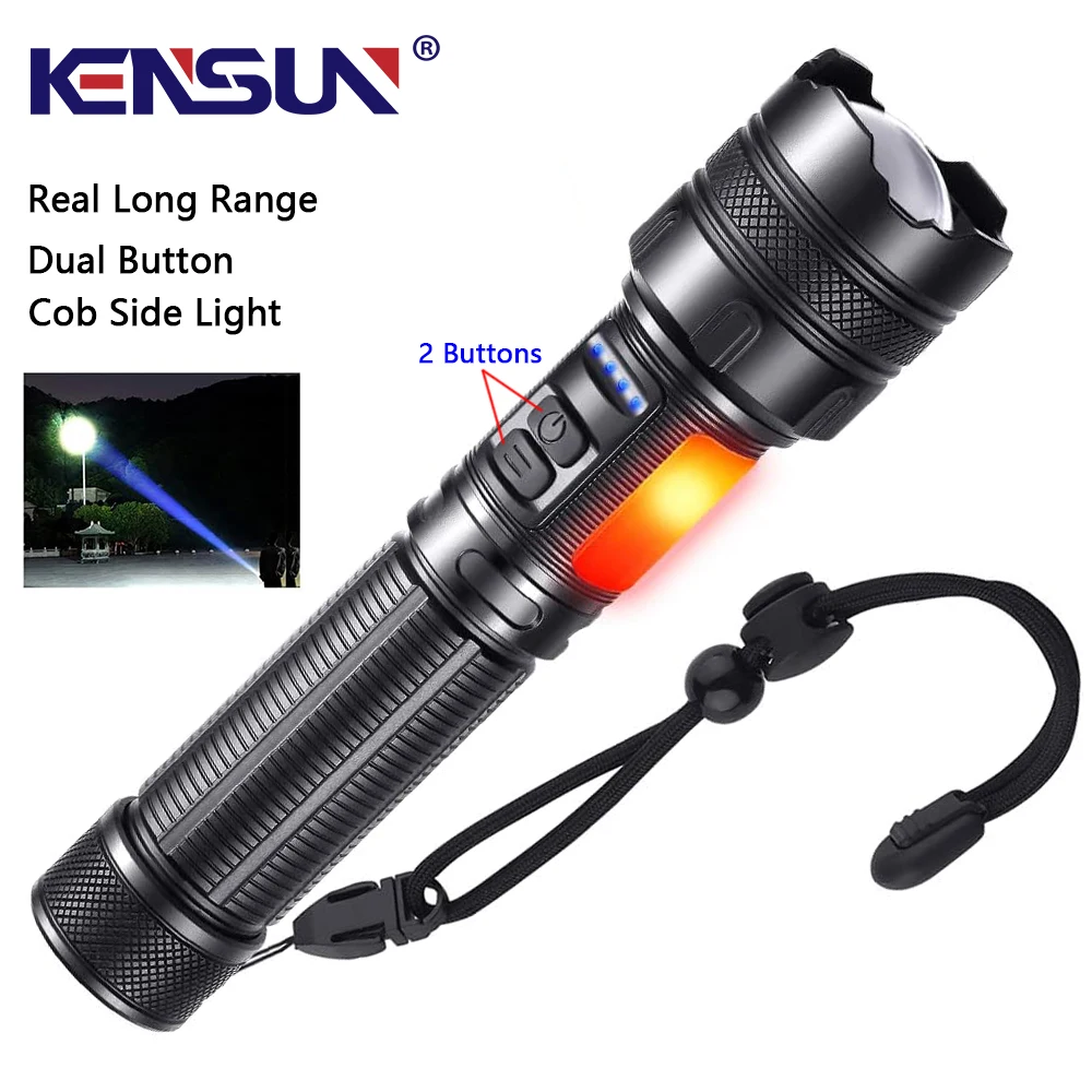 Long Range Tactical Torch High Power LED Flashlight COB Side Light USB Rechargeable Super Bright Lantern Outdoor Zoom Lamp