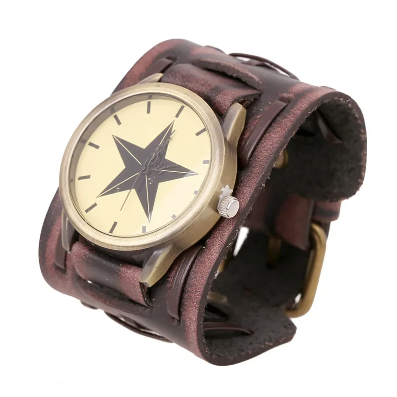 Men Women Watch Punk Genuine Leather Vintage Wide Wrap Bracelet Band Strap Watches Sport Military Quartz Clock Wristwatch