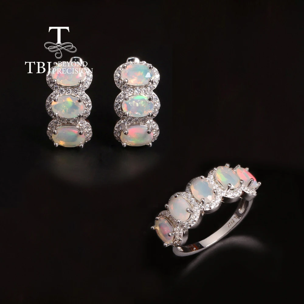 Luxury and elegant October Birthstone natural Opal Ring Earrings jewelry set 925 sterling silver rare noble women's fine jewelry