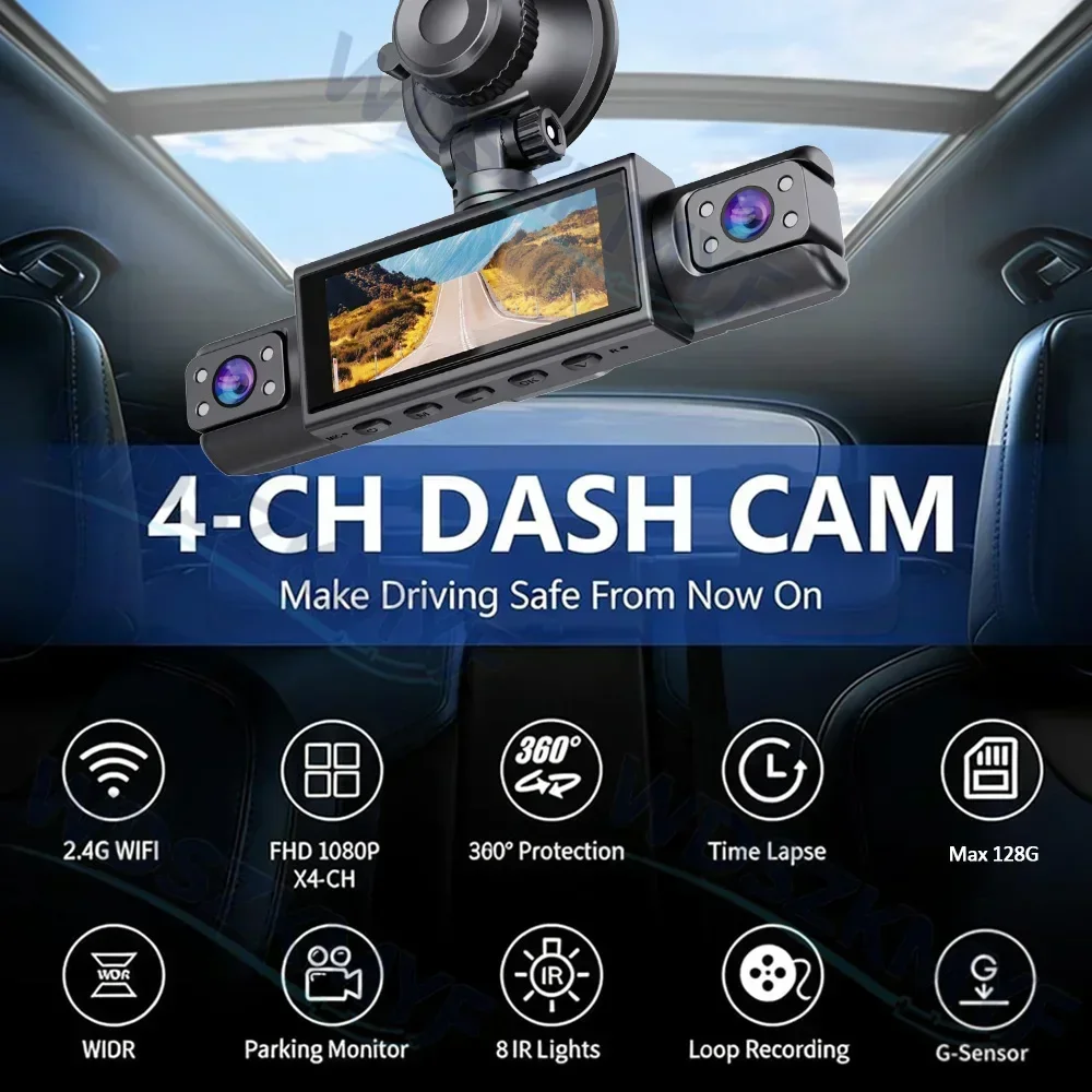 New 3/4CH  360 Degrees Car DVR FHD  1080P Video Recorder WIFI APP Dash Cam Front right left Rear View camera 24h Parking Monitor