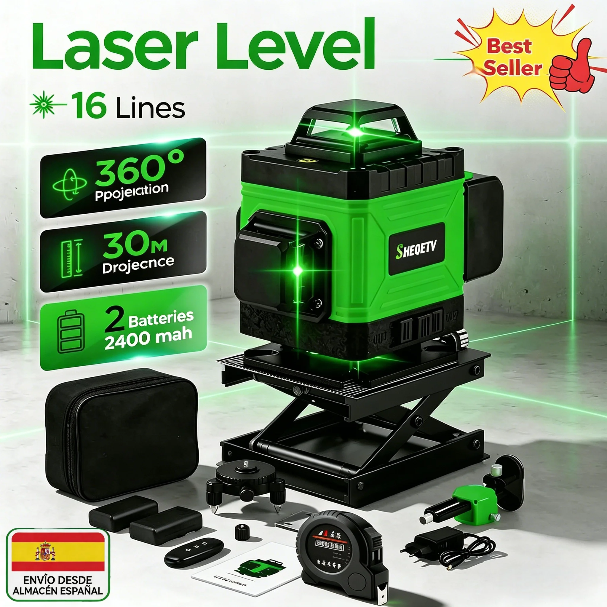 Niveau laser 16 lignes pour carrelage, auto-nivelant, faisceau vert, 2x2400mAh batteries, expédié depuis l'entrepôt en Espagne, portée 30M, outil de construction