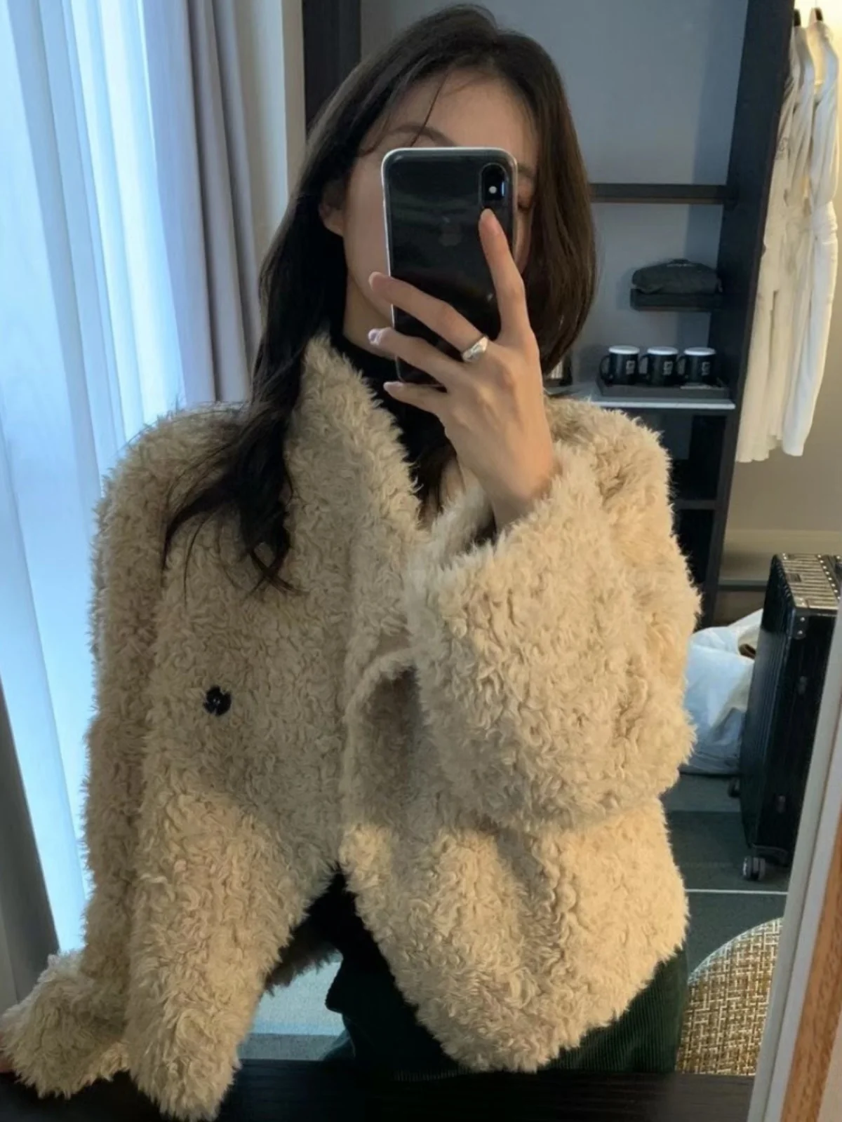 Coreano Sle Or Plu Pelliccia di Agnello Jaet Faion Capispalla da Donna Cappotto in Pelle Sintetica Ecologico Thiened Loose Fit