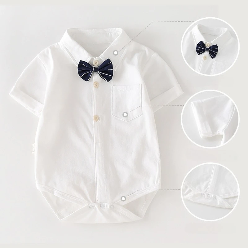 Newborn Boys' Short-Sleeved Romper Clothing for Summer Children 100% Cotton Triangular Bodysuit With Bow 1-3-6-9-12M