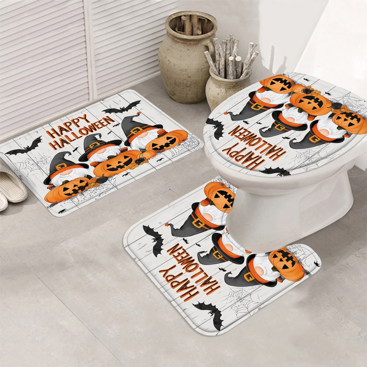 Halloween 1/4PCcartoon pumpkin bat shower curtain set waterproof shower curtain and waterproof non-slip carpet,12 hooks included