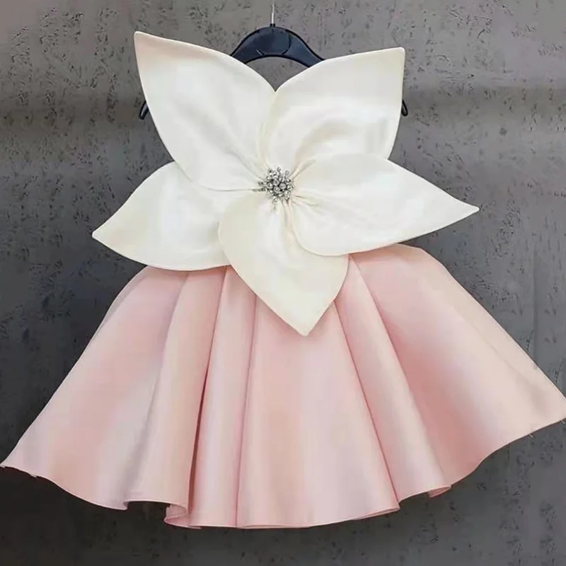 

Fashion Girl Princess Satin Dress Sleeveless Child Vintage Big Flower Vestido Party Pageant Birthday Wedding Baby Clothes 1-12Y