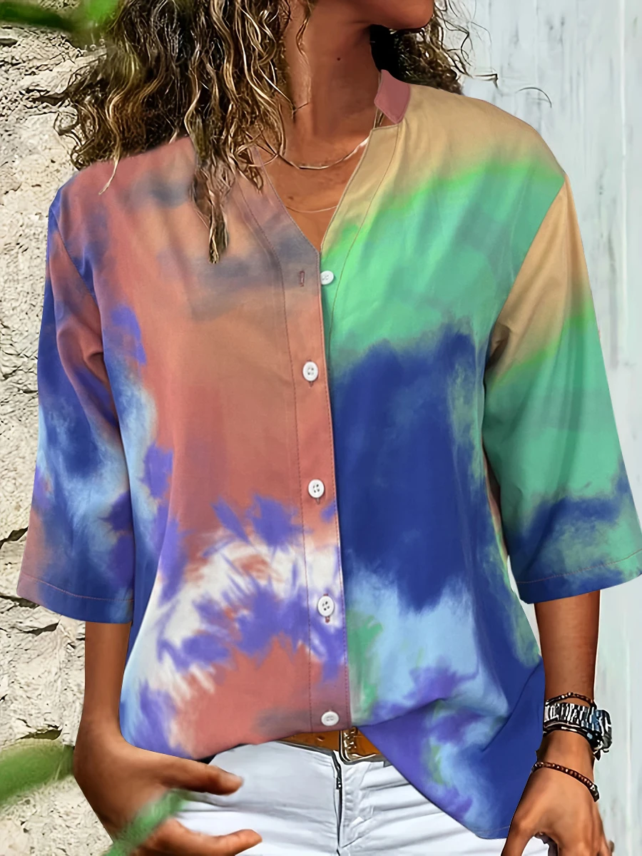 

LW Dropped Shoulder Tie Dye Blouse Women's Clothing Full Print Three Quarter Shirt Mandarin Collar Tops Pattern Daily T-Shirts