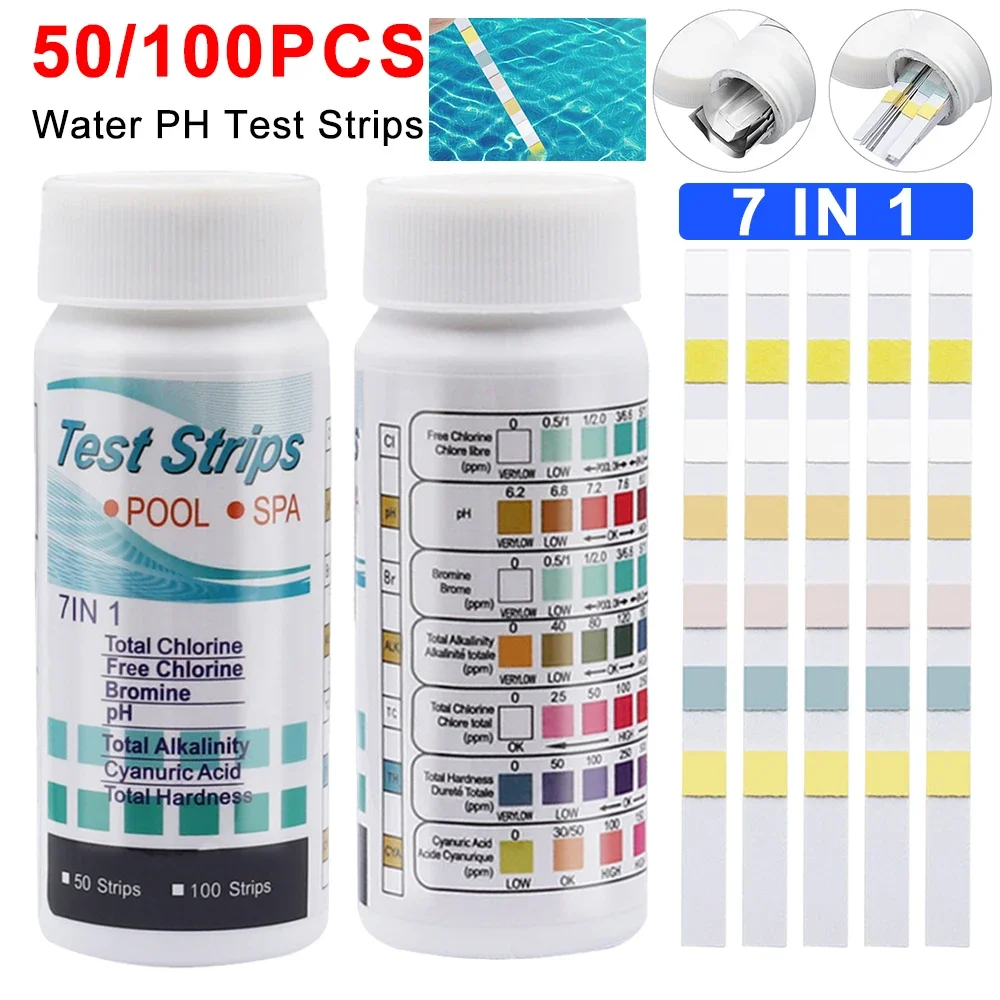 Tiras de prueba de cloro y PH para acuario, probador de agua de piscina, agua dulce y salada, 7 en 1, 50/100 piezas