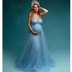 Light Blue Maternity Gowns for Photoshoot Illusion V Neckline Cocktail Dress for Baby Shower Robe Dress Lace Appliques