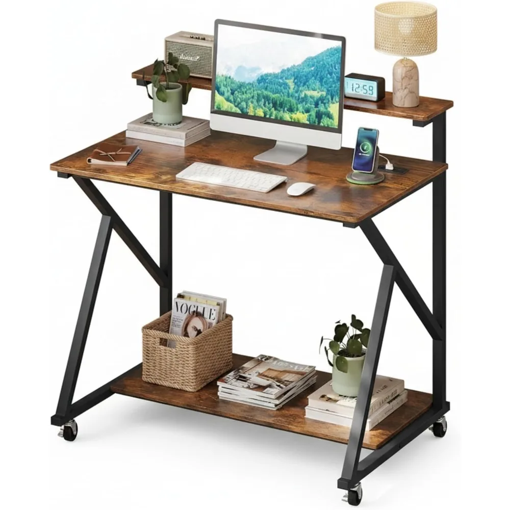 

Rolling Computer Desk Cart with Power Outlets, 32" Mobile Portable Laptop PC Desk with Monitor Stand, CPU Stand & Storage