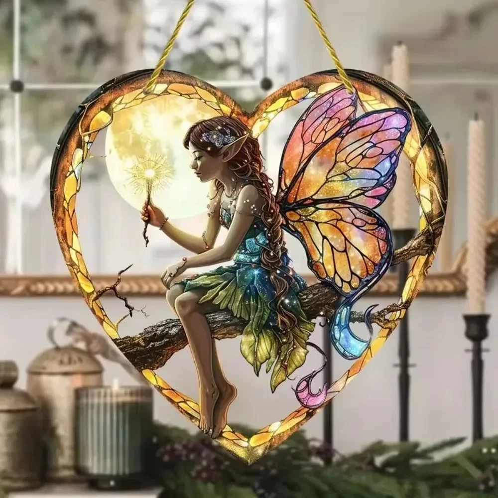 Nuovo 1 pz Magical Fairy Magic Night Fairy Suncatcher vetro colorato acrilico cuore appeso a parete casa e giardino decorativo per esterni