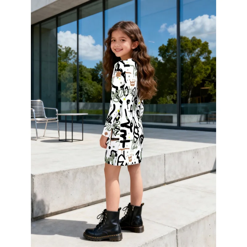 Girls' Trendy Cool Graffiti Letter Symbol Print Long Sleeve Dress Children's Street Style Art Full Print Slim Skirt for 2026