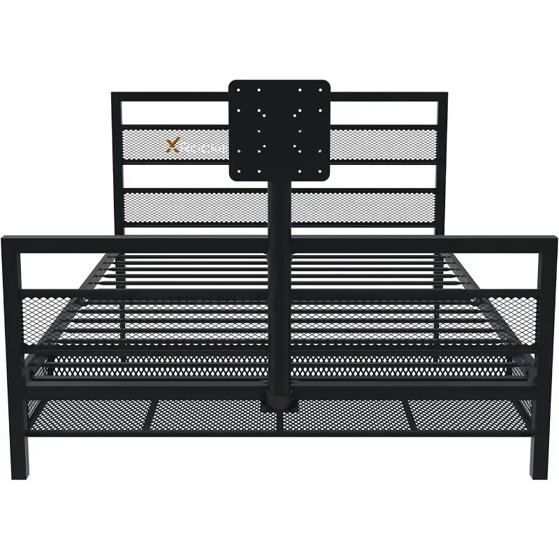 Full Size Gaming Bed, Rotating TV Mount with Vented Console Storage, Metal Mesh Frame with Slats