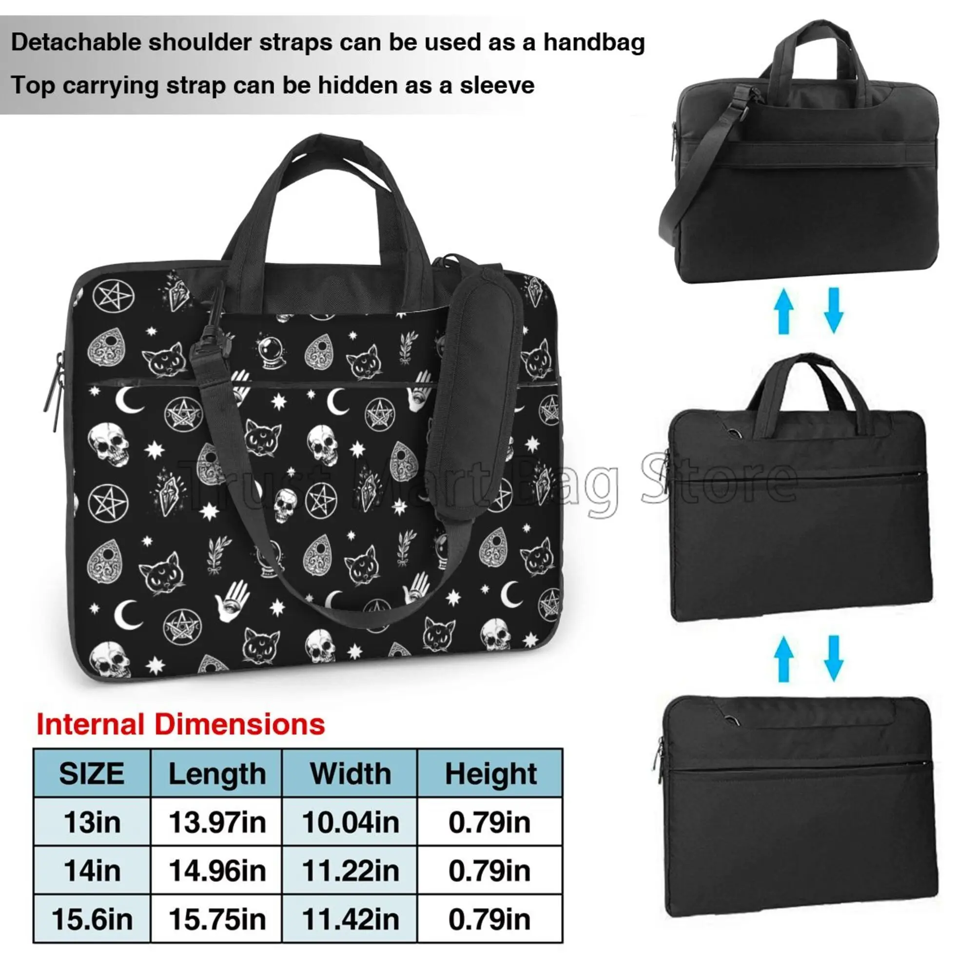 Black Witch Skull Moon Divination Laptop Shoulder Bag Laptop MacBook Netbook PC Cover Pouch with Handle Fits 13/14/15.6 Inches