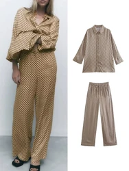 2pcs Loungewear Women Geometric Pijama Set Summer Long Sleeve Blouse+Wide Leg Trouser Suit Causal Pant Shirt Sets Sleepwear