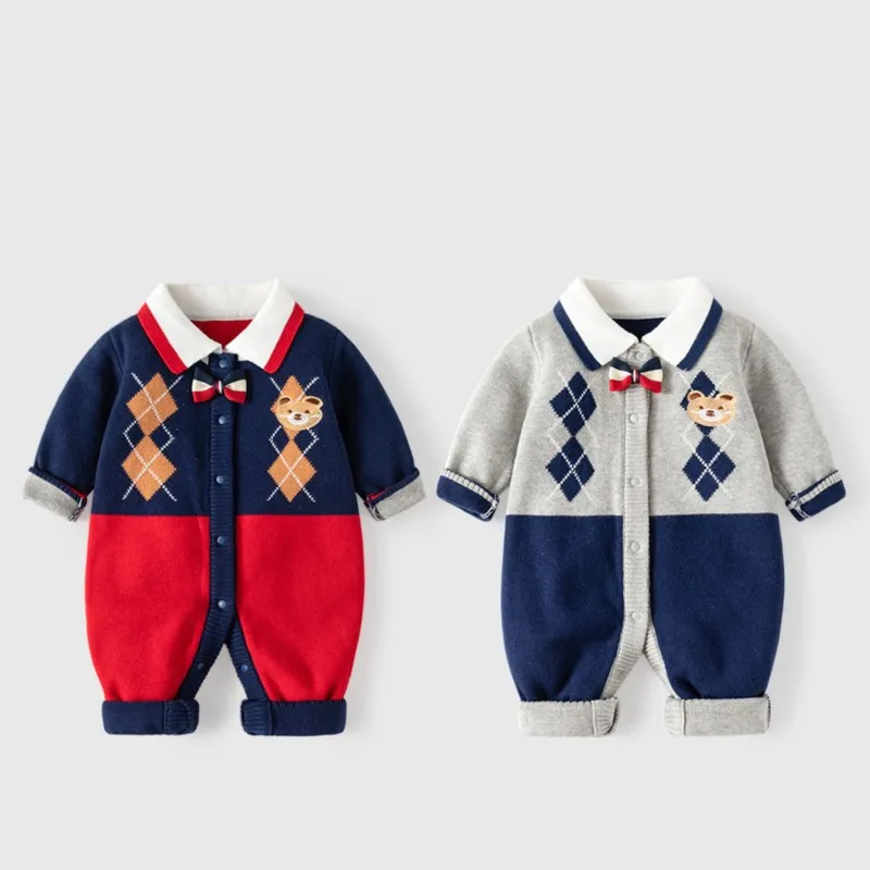 Spring Autumn Ins Newborn Boys Patchwork Turn Down Collar Plaid Cotton Baby Boys Romper Bowknot Cartoon Bear Infant Boy Jumpsuit