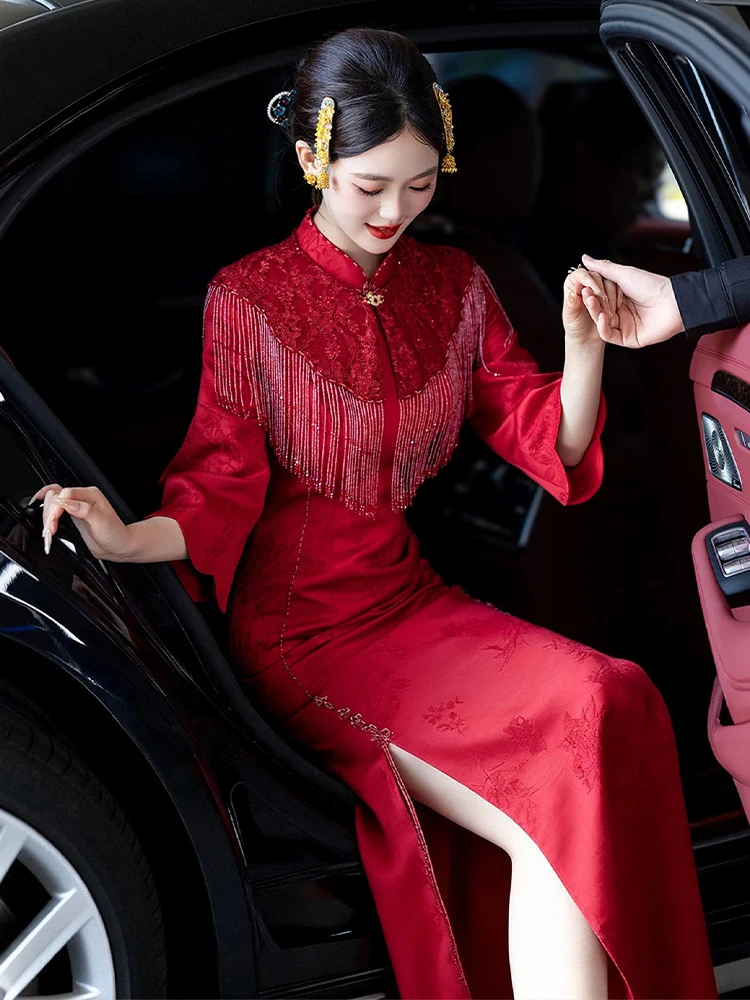 

Red Long Sve Engagement Ceremony Dr New Chinese Sle Bride High End Morning Robe Women's Gown Vintage Wind