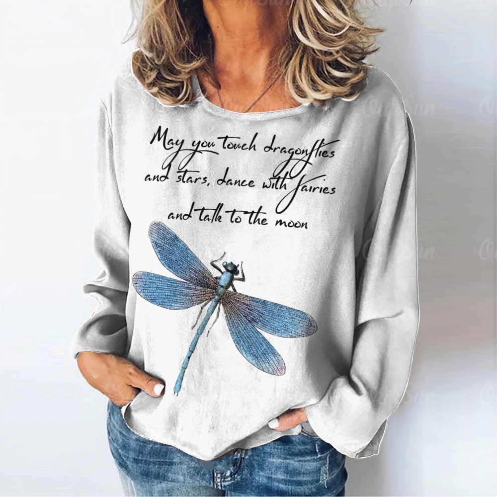 T-shirt da donna Vintage con lettera modello libellula magliette a maniche lunghe top Pullover in cotone autunno/inverno abbigliamento donna