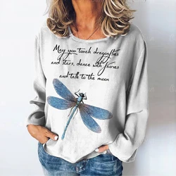 Vintage letter Women's T-shirts Dragonfly Pattern Long Sleeves Tees Tops Fall/Winter Cotton Pullover Women Clothing Streetwear