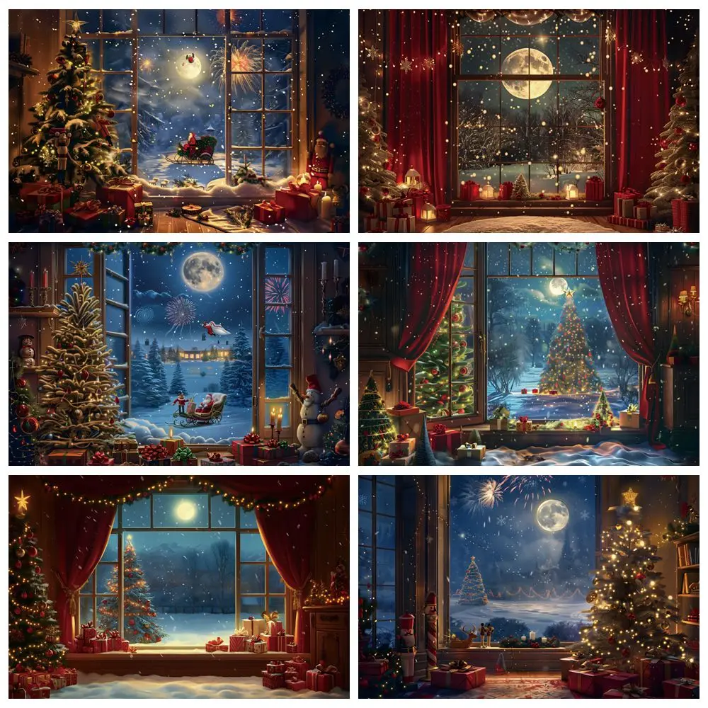 

AI Christmas Backdrop for Photography Night Moon Window Xmas Tree Gifts Kids Portrait Photo Background Decor Photo Studio Props