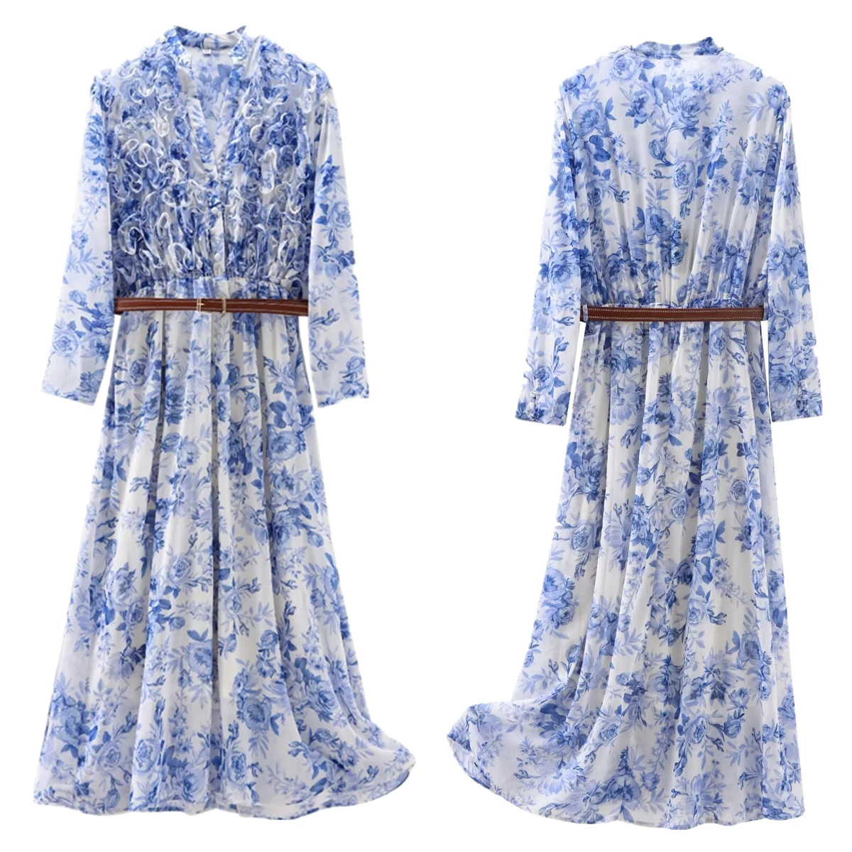 

Withered Summer French Retro Blue Dress Women Floral Midi Dress With Belt Fashion Ladies Elegant Cascading Dress