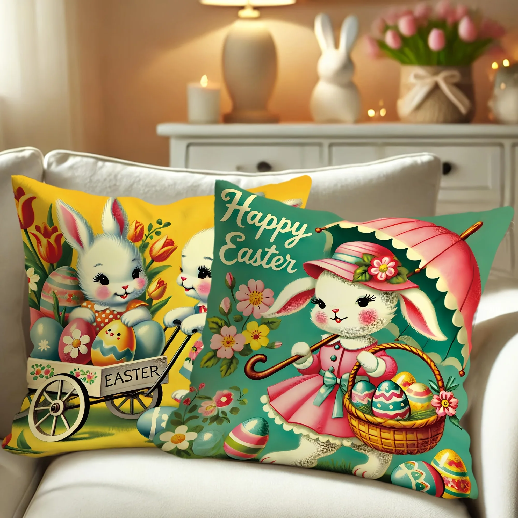 4pcs Easter Decoration Set Featuring Bunny and Egg Designs, with Floral Patterns on Throw Pillow Covers