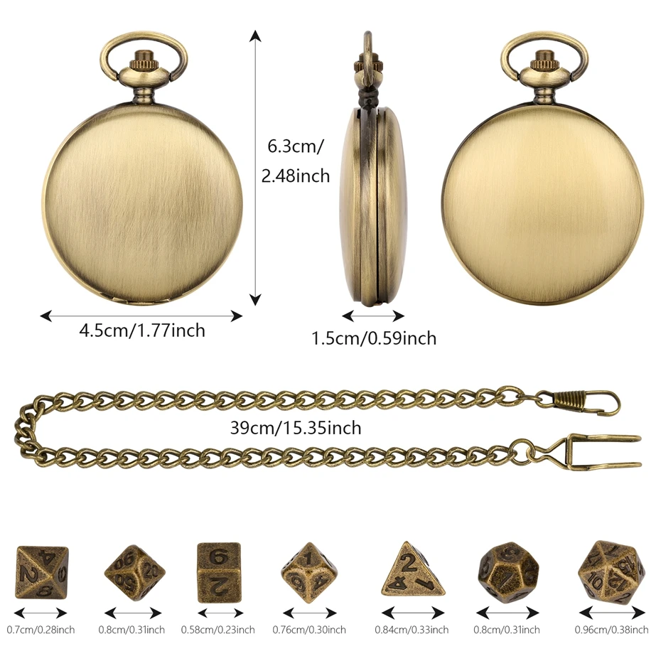 Antique Table Game Bronze Pocket Watch Case with 7PCS Metal Polyhedral Dice with 38cm Pocket Hook Waist Chain