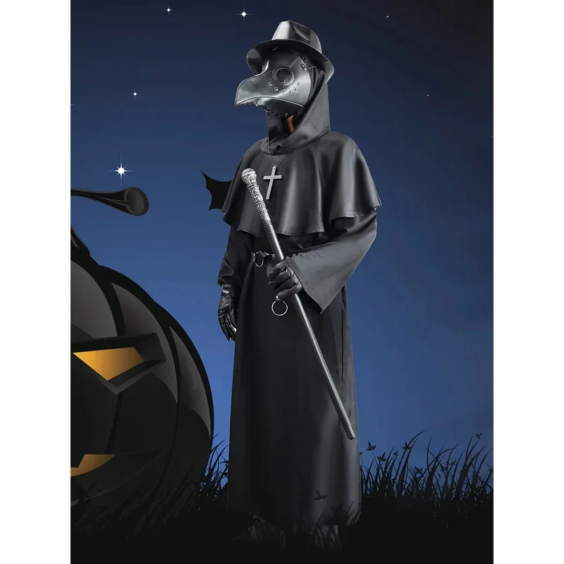 Mago monje Medieval negro 8 unids/set bata de muerte collar cruzado máscara de cuervo guantes cosplay Doctor de la peste Halloween mb.3