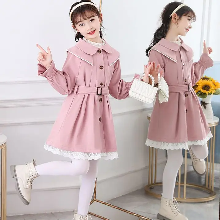 

2023 Girls Brief Solid Color Trench Jacket Children's Clothing Long Sleeve Coat Kids Lapel Casual Preppy Style Windbreaker S29