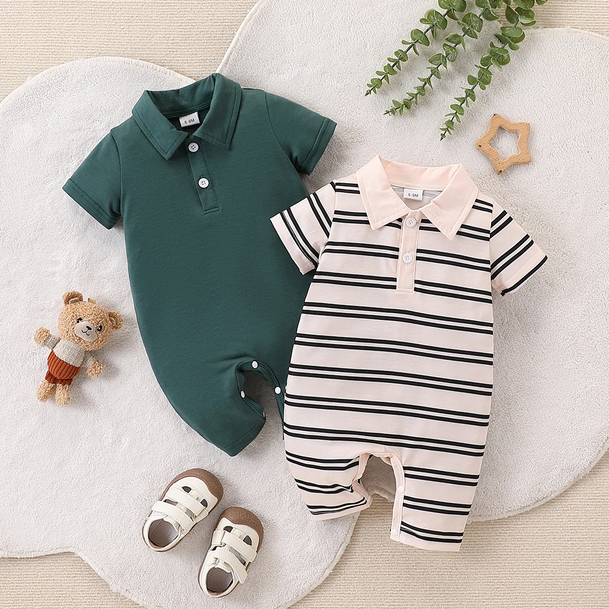 2Pcs Baby Boy Fashion Casual Stripes & Solid Color Open Chest Short Sleeve Collarless Overalls Set for Summer