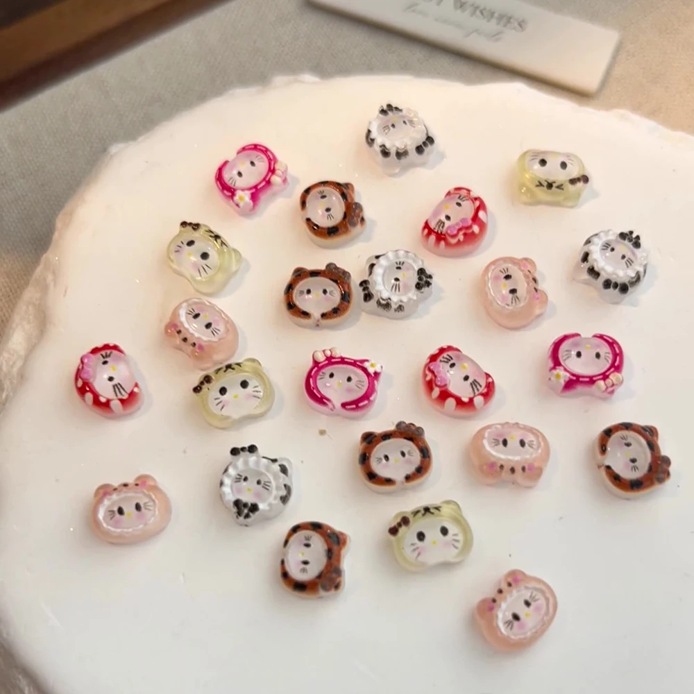 10Pcs 3D Leopard Print Hello Kitty Nail Charm DIY Resin KT Cat Head Hat Rhinestone DIY Nail Art Decoration Manicure Crafts
