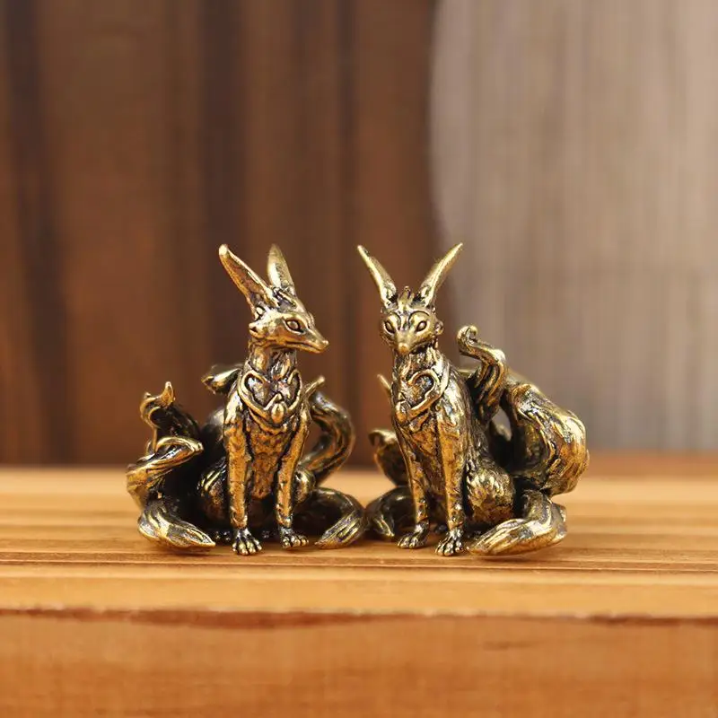 One Piece Miniature Nine Tailed Fox Figurine, Brass Desk Ornament, Mythical Animal Statue for Home Decor and Crafting