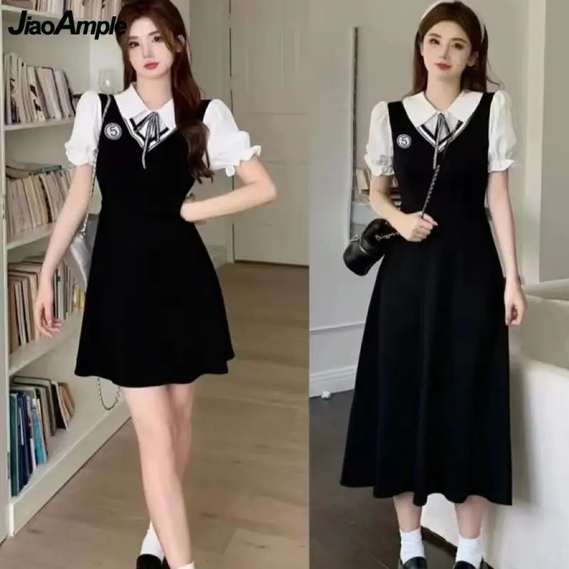 

Preppy Style Patchwork Dress Summer Korean Lady Student Sweet Bowknot Puff Sleeve Peter Pan Collar Dresses Women New Clothing