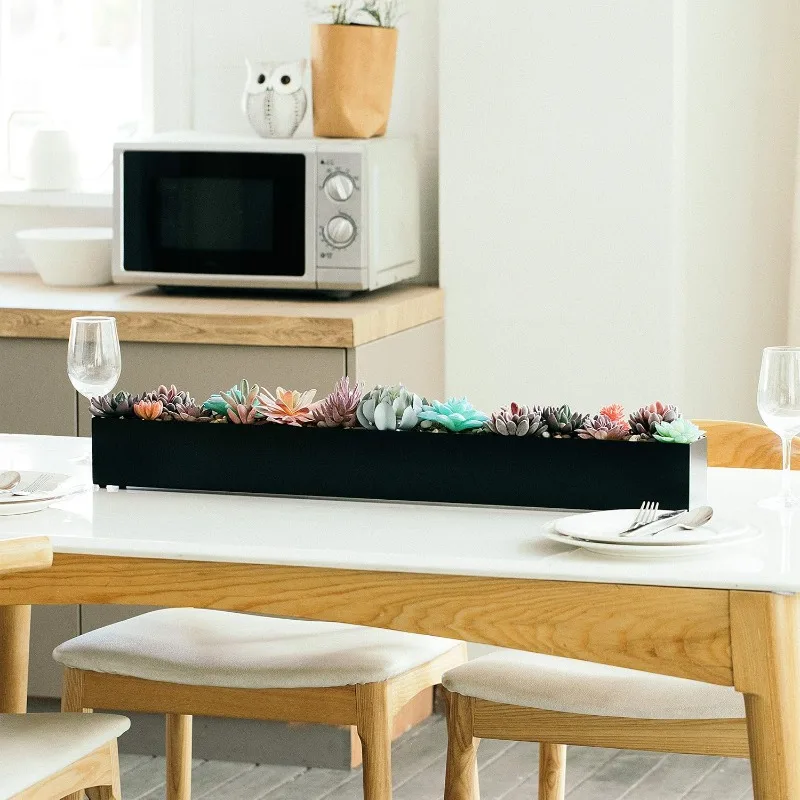 

32 Inch Black Metal Planter, Modern Rectangle Indoor Window Box. Trough for Succulent Table Decor & Home Decor.