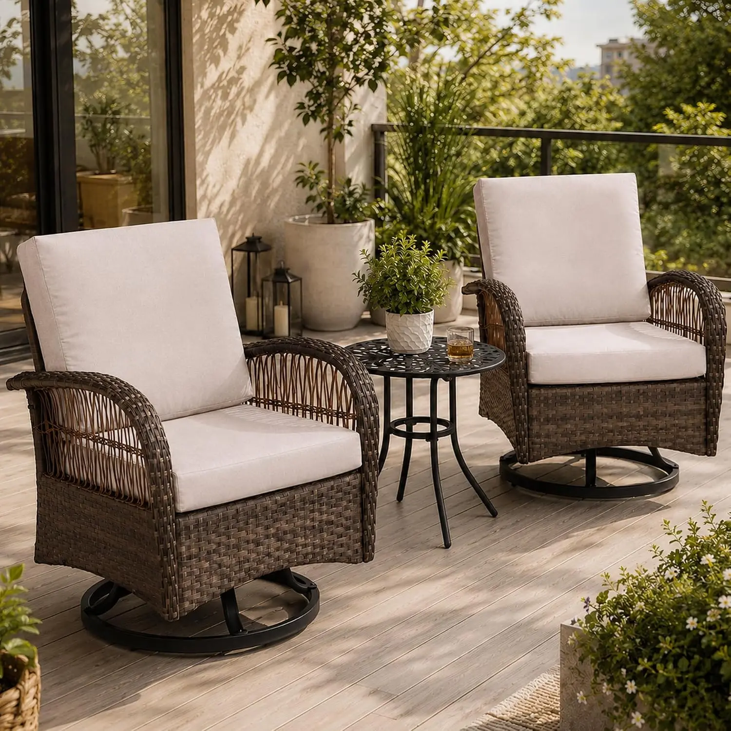 3-Piece Patio Swivel Rocker Chair & Table Set Outdoor Garden Balcony Furniture, Customized