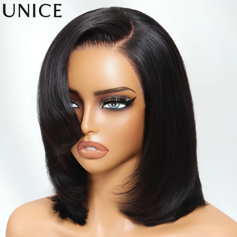 

Unice Hair 7x5 Drawstring Cap Straight Bob Wig With Left Side Part Bangs Pre Cut Pre Bleached Glueless Wig Human Hair Short Wigs