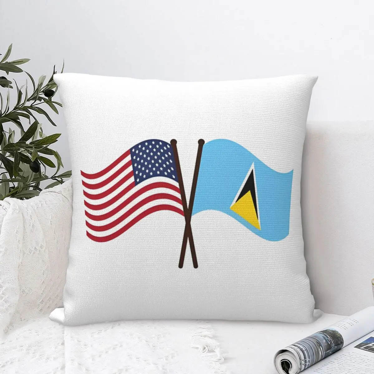 Saint Lucia USA Unity Flags Pillowcase Polyester Cushion Cover Decoration Throw Pillow Case Cover Home Zipper 45X45cm