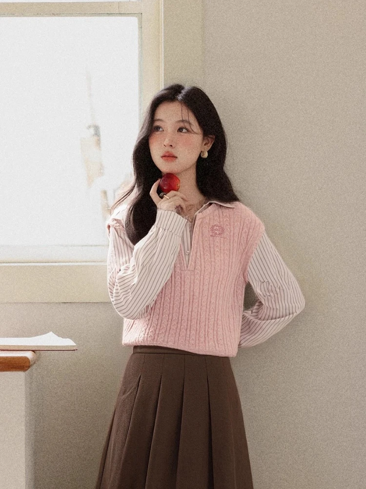 

ALXNAN женские рубашки из двух предметов в стиле пэчворк, полосатый вязаный жилет с вышивкой, рубашки на пуговицах, милые повседневные пуловеры DYL662136